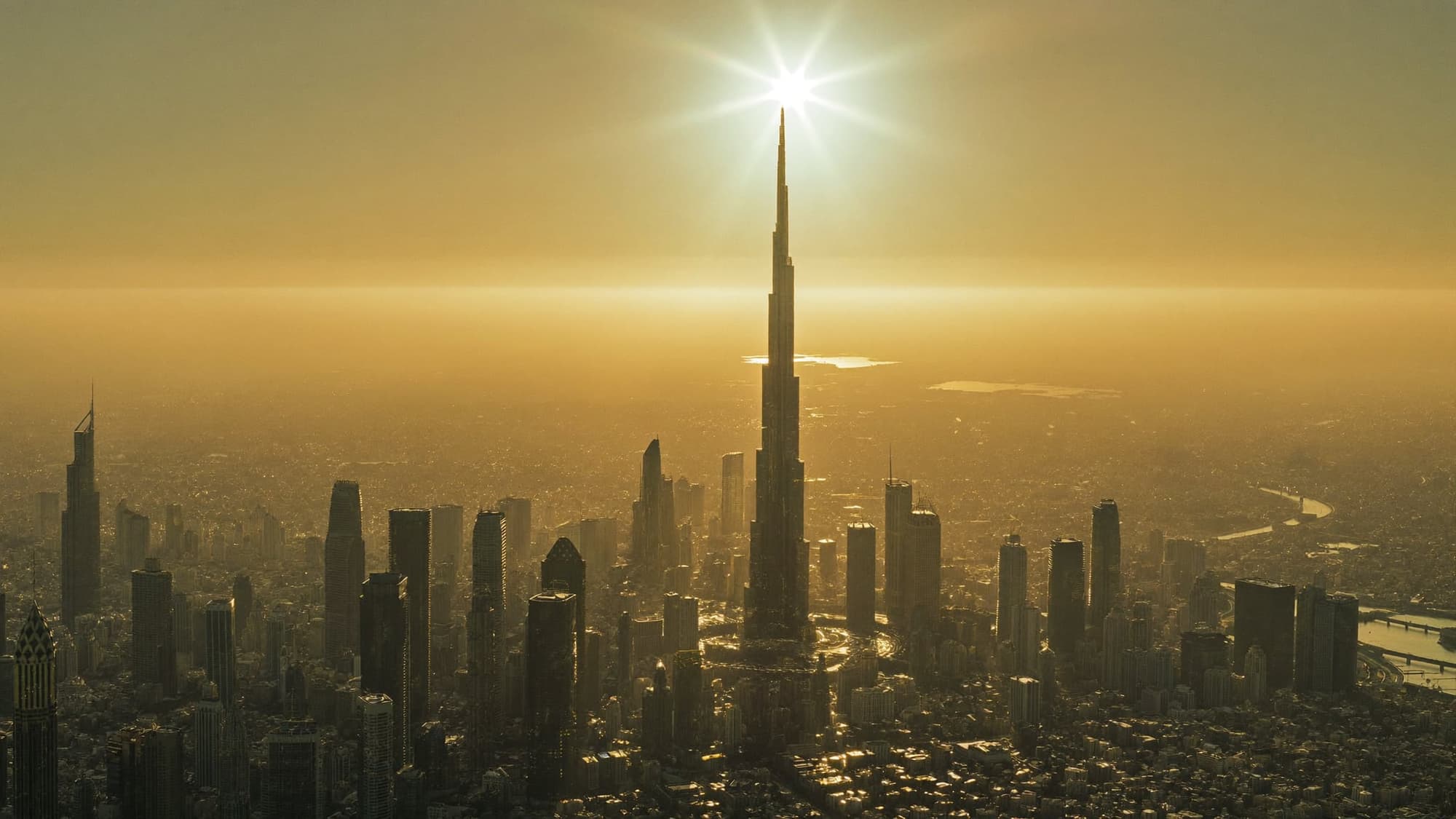 Aerial view of Dubai at golden hour